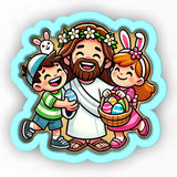a cartoon of jesus with two children and an easter basket