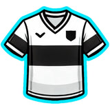 a black and white soccer jersey with a blue outline