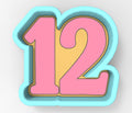 A 3D rendering of the number 12 in pink and blue colors.