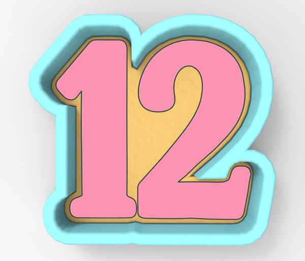 A 3D rendering of the number 12 in pink and blue colors.