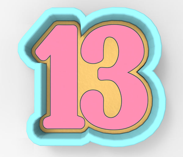 A 3D rendering of the number 13 in pink and blue colors.