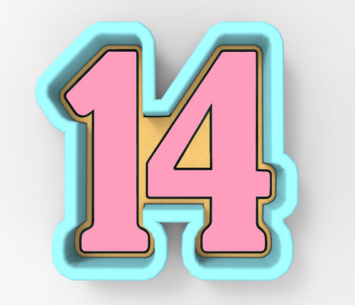 A 3D rendering of the number 14 in pink and blue colors.