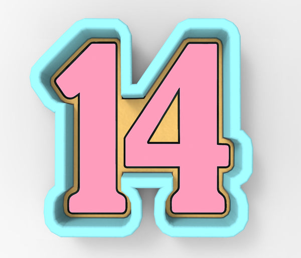 A 3D rendering of the number 14 in pink and blue colors.