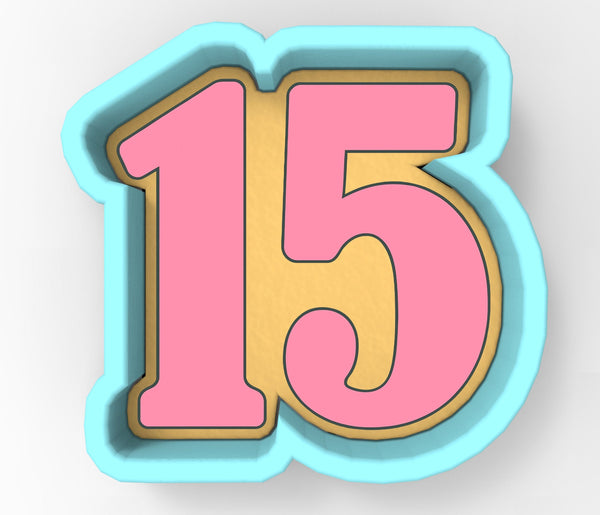 A 3D rendering of the number 15 in pink and yellow colors.