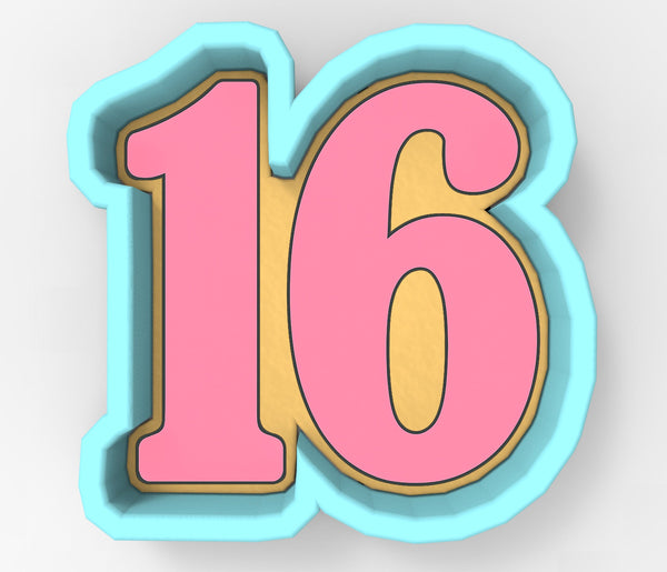 A 3D rendering of the number 16 in pink and blue colors.