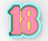A 3D rendering of the number 18 in pink and blue colors.
