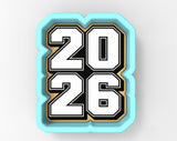 A 3D rendering of the numbers "20 26" in a stylized font, with a light blue border.