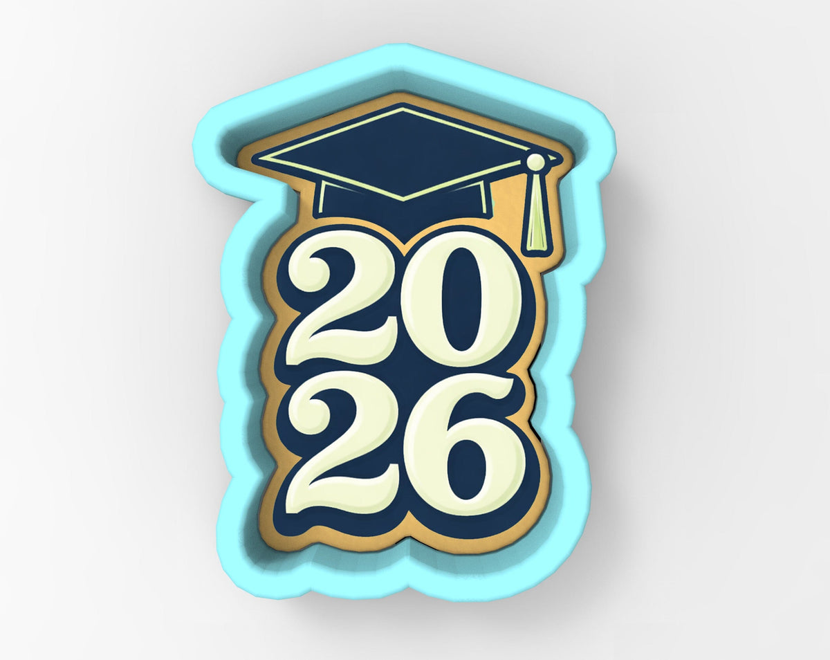 A graduation cap and the number "20 26" in a cookie cutter shape, representing the year of graduation.