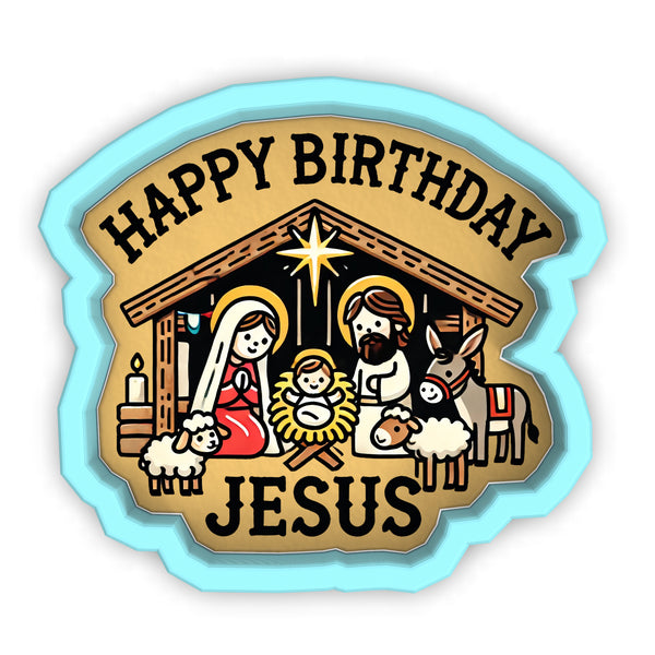 a happy birthday sticker with a nativity scene