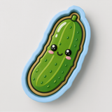 A green pickle with a smiling face and eyes is depicted in the image.