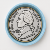 A silver coin with a profile portrait of a man, surrounded by text that reads "IN GOD WE TRUST" and "LIBERTY".