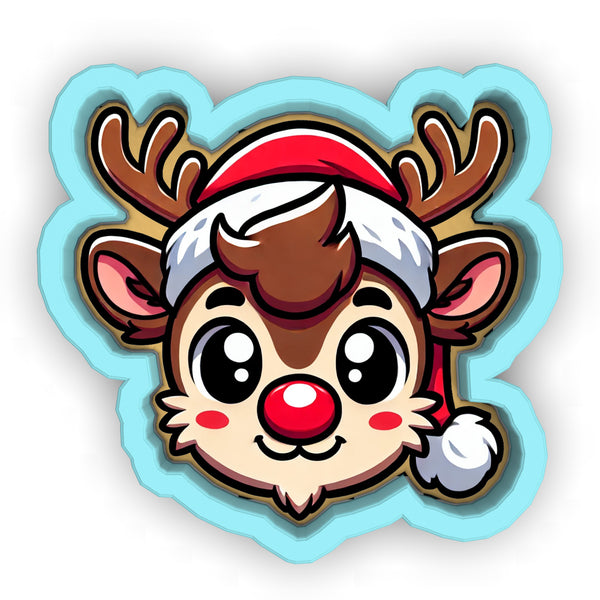 a cartoon reindeer with a santa hat on