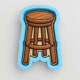 A wooden stool with a curved backrest and seat, depicted in a blue mold or cutout shape.