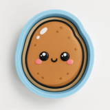 A blue bowl with a cartoon potato face on it.