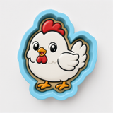 A cartoon image of a white chicken with a red comb and feet, depicted in a blue cookie cutter shape.