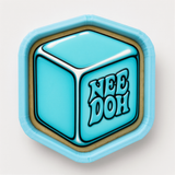 A blue hexagonal object with the text "NEE DOH" written on it.