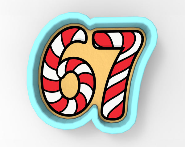 A 3D rendering of the number 67, which appears to be a candy cane-shaped number.