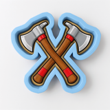 A blue and brown cookie cutter with crossed axes.