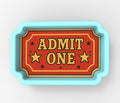 a red and yellow admit one sign on a white background