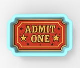 a red and yellow admit one sign on a white background