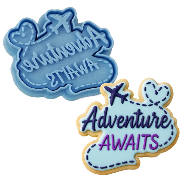 Adventure Awaits Cookie Cutter | Stamp | Stencil #1 Animals & Dinosaurs Cookie Cutter Lady MINI - 2 Inches (5cm) **BUNDLE** Cutter + Stamp 