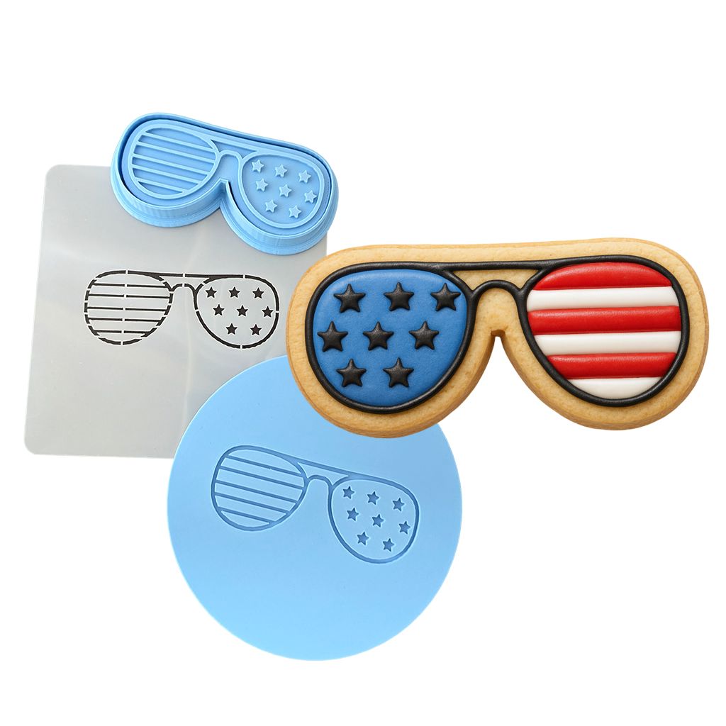 America Glasses Cookie Cutter | Stamp | Stencil #1 St Pats / July 4th Cookie Cutter Lady MINI - 2 Inches (5cm) **FULL SET BUNDLE** Cutter + Stamp + Stencil + Debosser **BEST DEAL** 