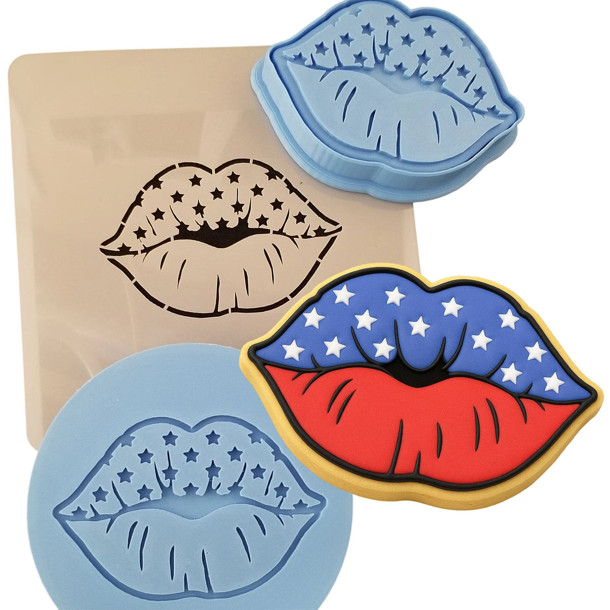 America Lips Cookie Cutter | Stamp | Stencil #1 Cookie Cutters Cookie Cutter Lady MINI - 2 Inches (5cm) **FULL SET BUNDLE** Cutter + Stamp + Stencil + Debosser **BEST DEAL** 
