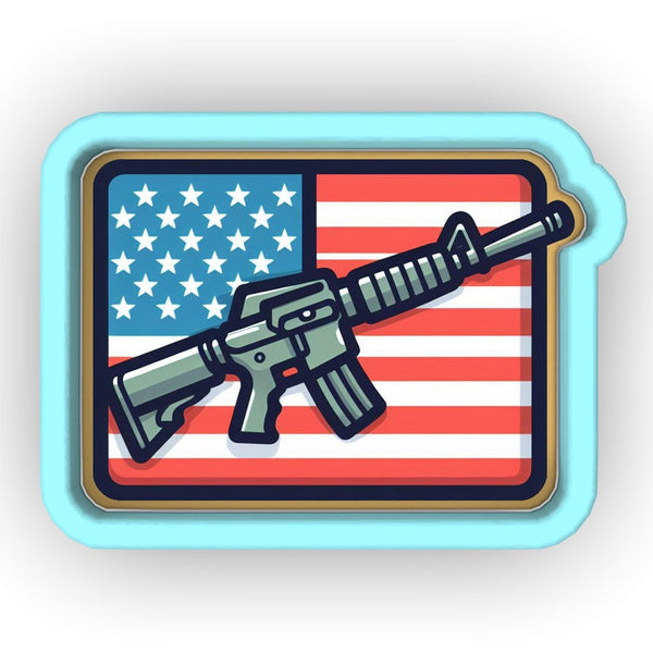 an icon of a gun and the american flag