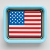 a square-shaped object with a blue border, displaying a representation of the American flag.