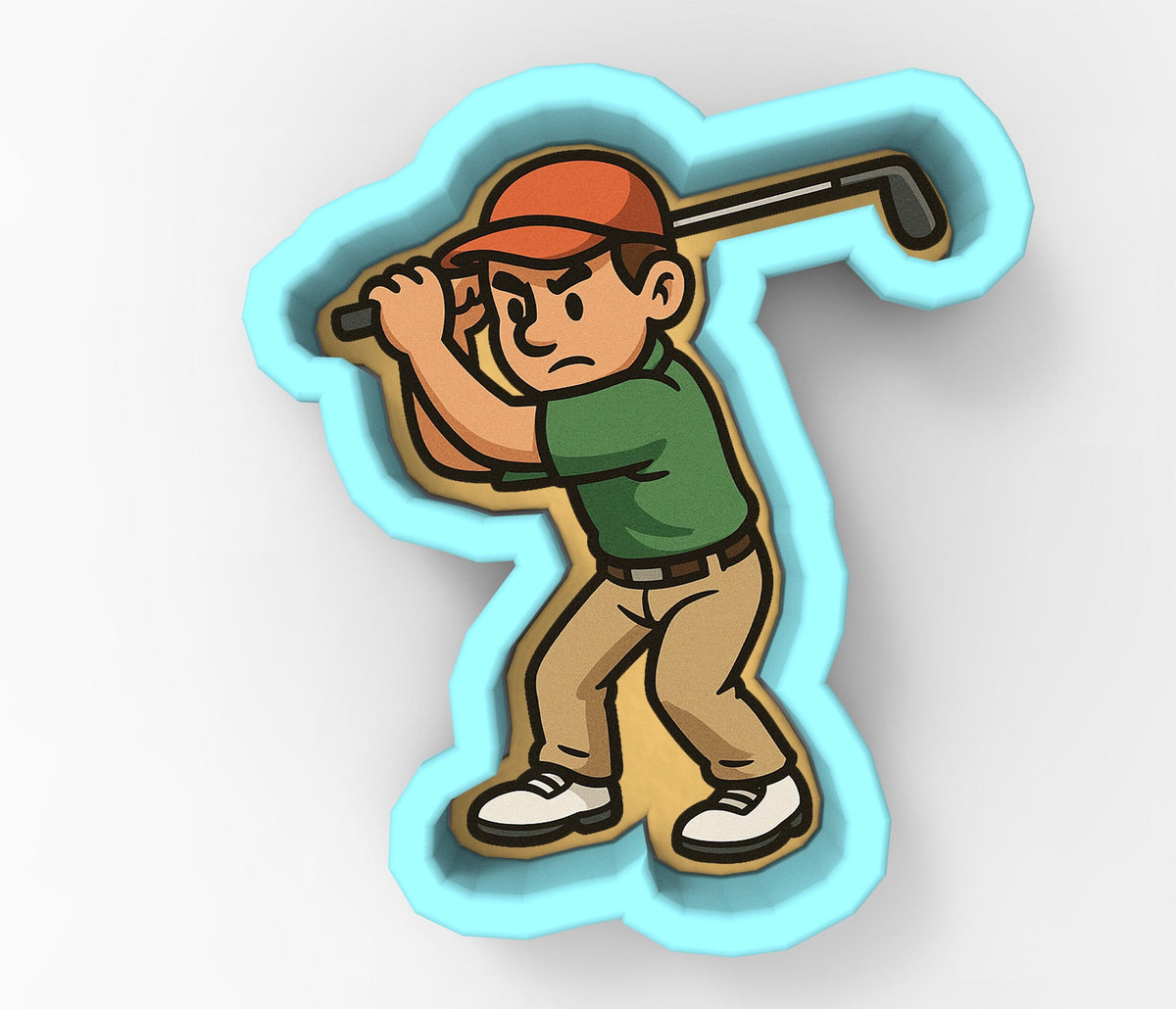 A cartoon image of a young boy holding a golf club and preparing to swing.