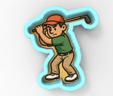 A cartoon image of a young boy holding a golf club and preparing to swing.