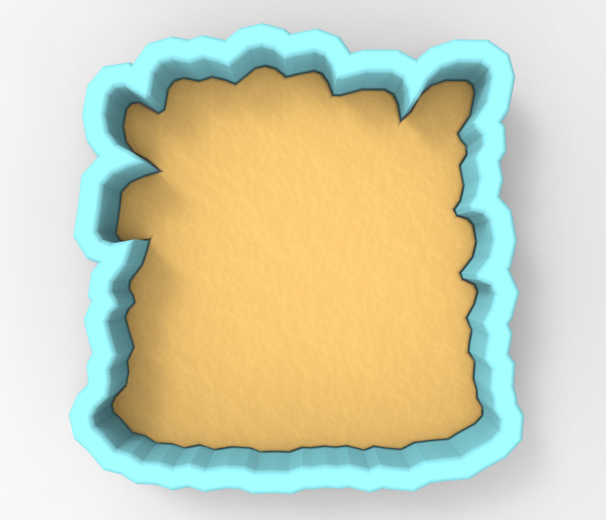 A 3D rendering of a cookie cutter in the shape of a square, with a blue border.
