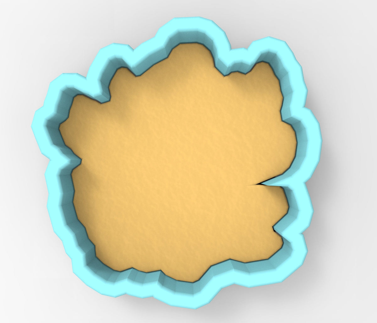 A 3D rendering of a cookie cutter in the shape of a leaf, with a light brown color and a blue outline.