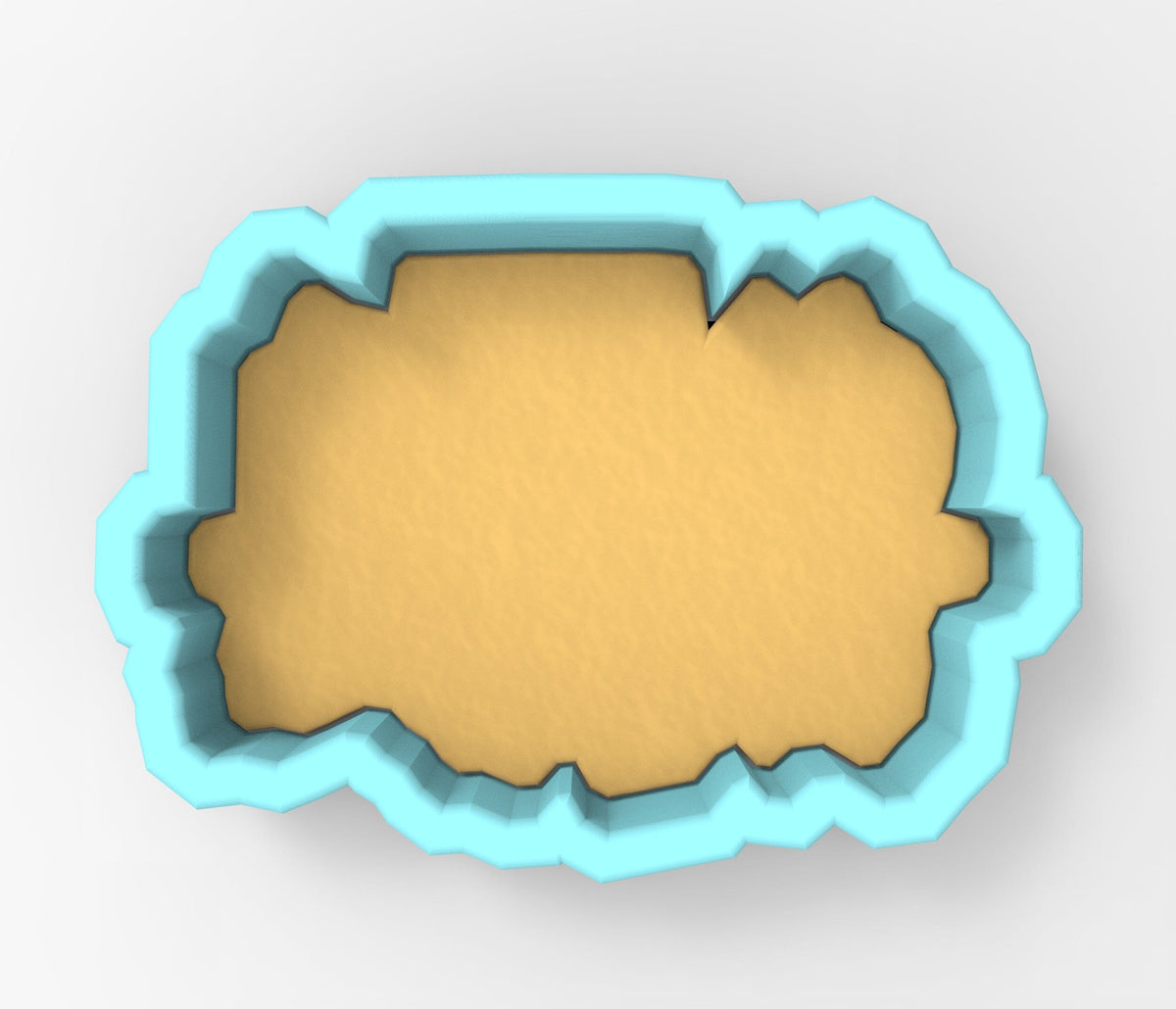 A 3D rendering of a blue-bordered, textured object resembling a cloud or a shape, with a yellow or orange background.