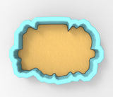 A 3D rendering of a blue-bordered, textured object resembling a cloud or a shape, with a yellow or orange background.