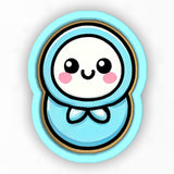 a blue and white cartoon character with a pink nose