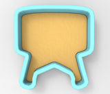 A 3D rendering of a blue-bordered, yellow-colored object resembling a speech bubble or a container.