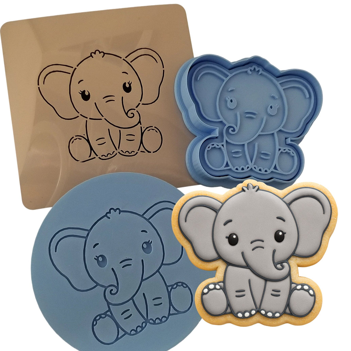 Baby Elephant Cookie Cutter | Stamp | Stencil #1 Wedding / Baby / V Day Cookie Cutter Lady MINI - 2 Inches (5cm) **FULL SET BUNDLE** Cutter + Stamp + Stencil + Debosser **BEST DEAL** 