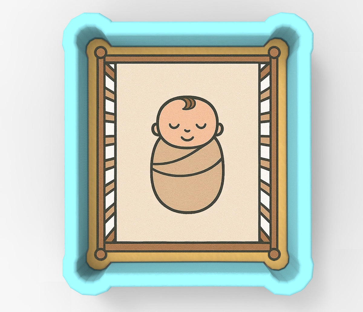 A baby wrapped in a blanket is depicted in a crib, with a smiling expression.
