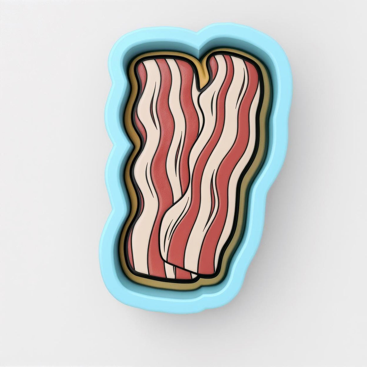 A blue cookie cutter shaped like a piece of bacon, with a stylized design featuring red and white stripes.