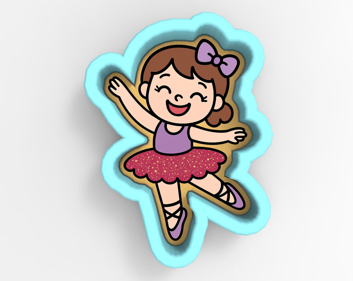 A cartoon image of a young girl wearing a pink tutu and ballet slippers, with a bow in her hair, smiling and dancing.