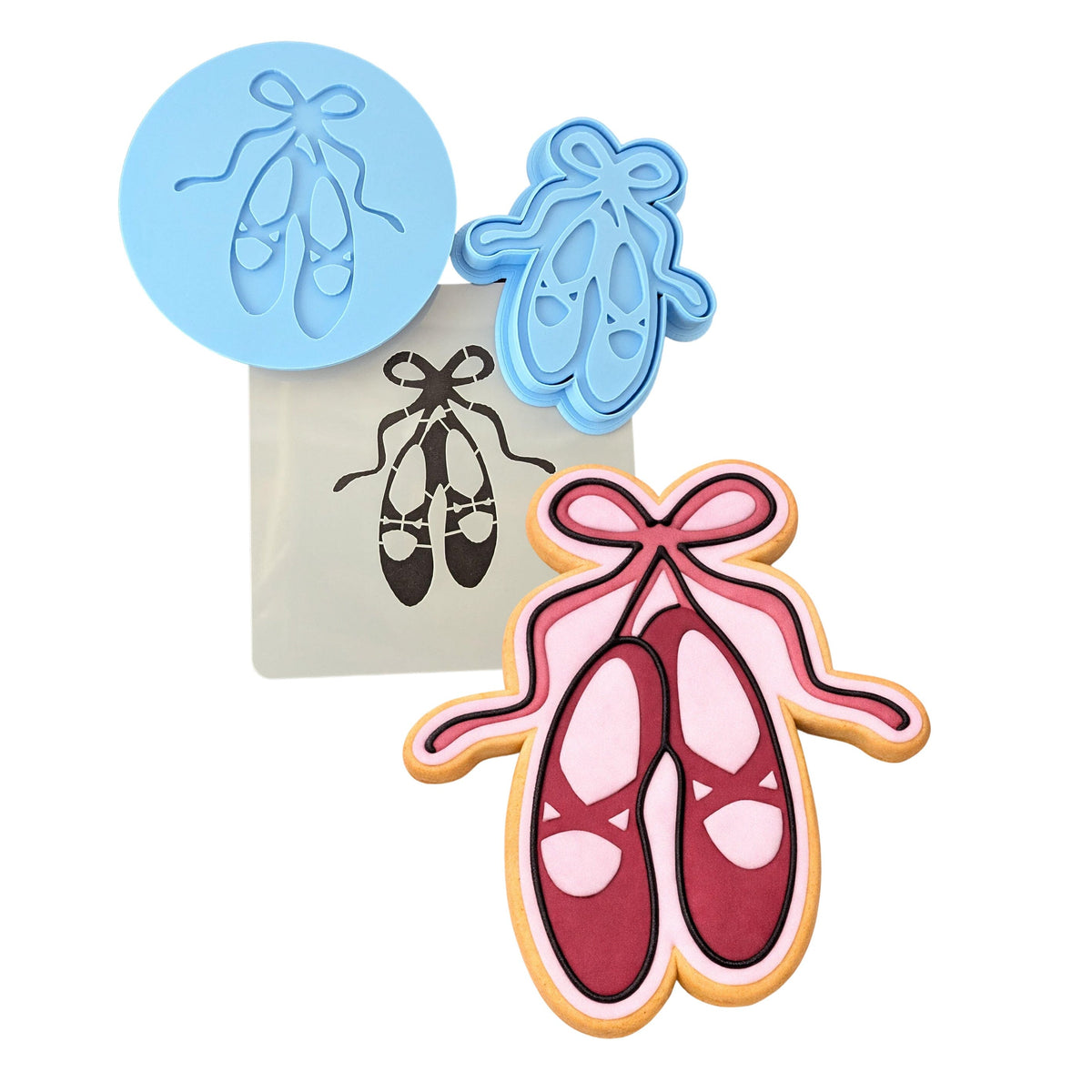Ballet Shoes Cookie Cutter | Stamp | Stencil #1 Girly / Dolls / Princess Cookie Cutter Lady MINI - 2 Inches (5cm) **FULL SET BUNDLE** Cutter + Stamp + Stencil + Debosser **BEST DEAL** 