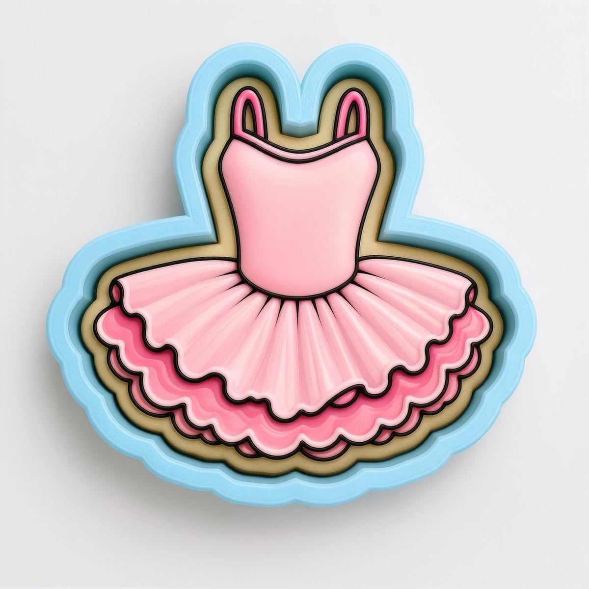 A pink tutu-style dress with a ruffled skirt and a ruffled bodice, depicted in a cookie cutter shape.