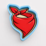 A red bandana with a blue outline is depicted in the image.