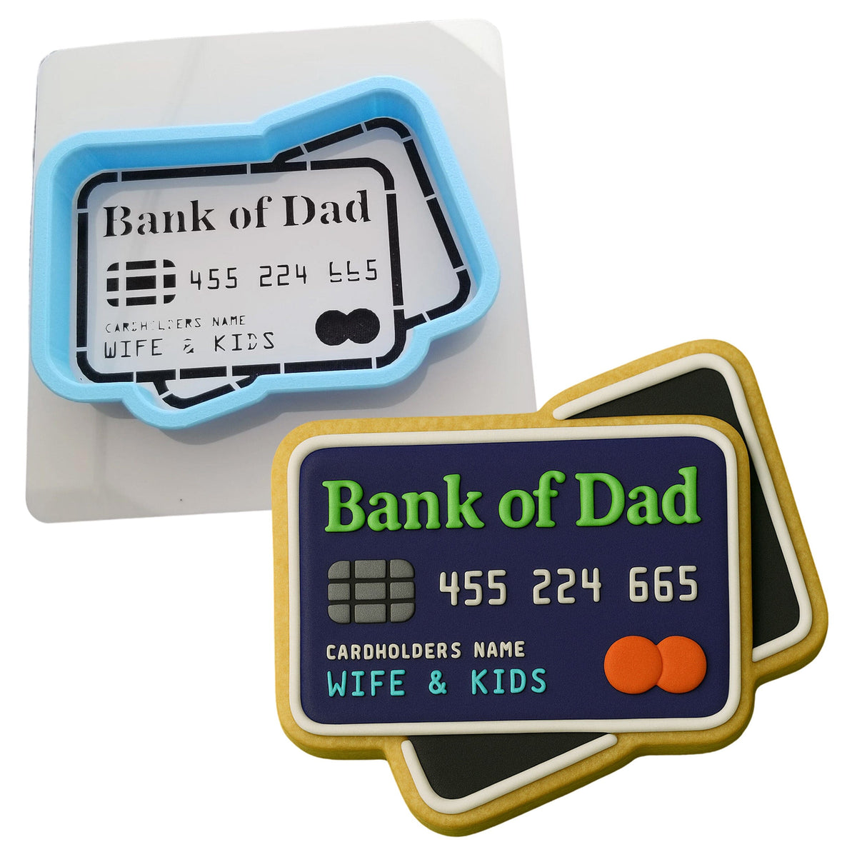 a bank of dad cookie next to a card holder