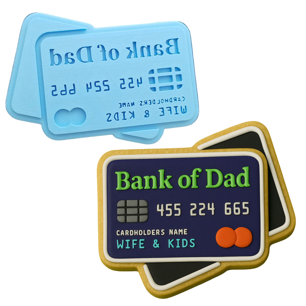 a blue and a white bank of dad card