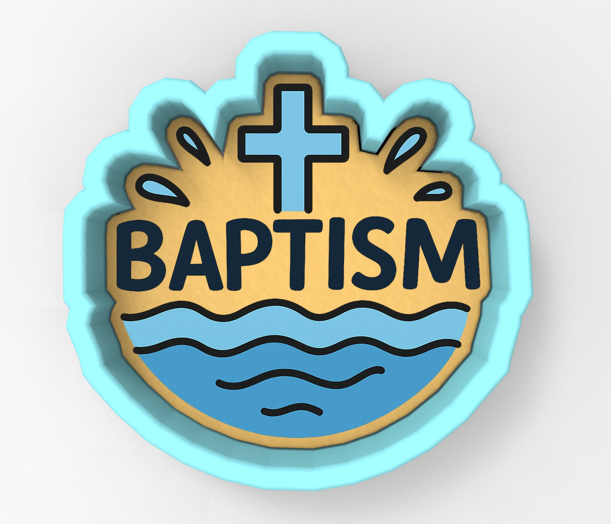 A 3D rendering of a circular logo with a cross and the word "Baptism" written on it.