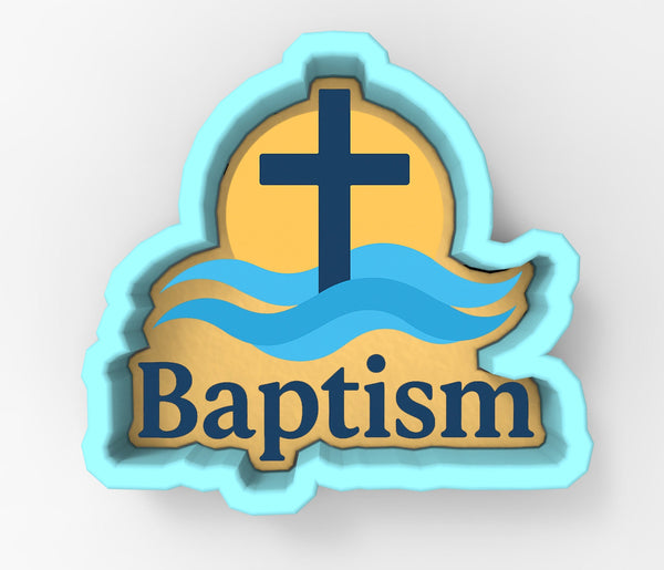 A 3D-rendered image of a cross above the word "Baptism" in a stylized font, with a wave-like design below the cross.