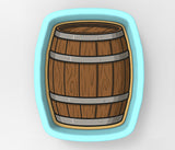a wooden barrel sitting on top of a blue plate