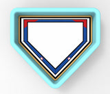 A blue triangular-shaped object with a white center and red and blue border.
